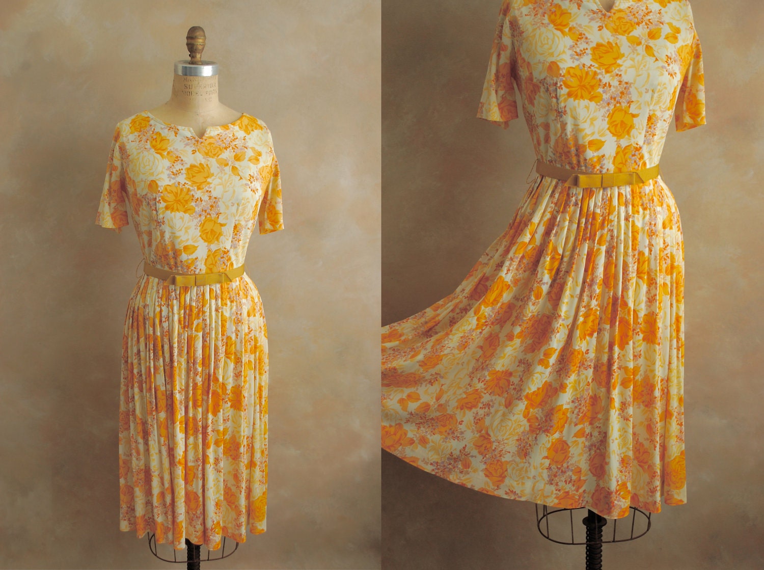 Vintage 1950's Day Dress - Floral Print Dress - Medium