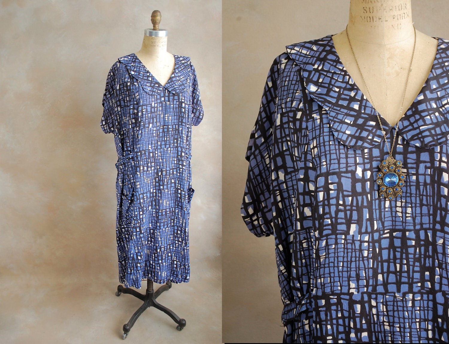 Vintage '30's Blue Print Dress - Large- Extra Large