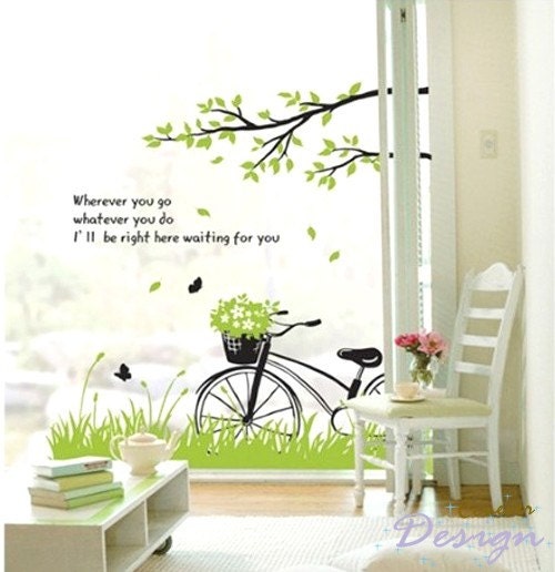 Spring Grass under Tree branch Butterfly Birds Bicycle----Removable Graphic Art wall decals stickers home decor