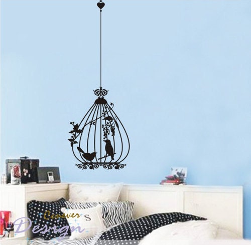 Flower ivy round birdcage cute birds 48inch----Removable Graphic Art wall decals stickers home decor