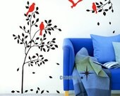 Cute birds on tree branch flying----Removable Graphic Art wall decals stickers home decor