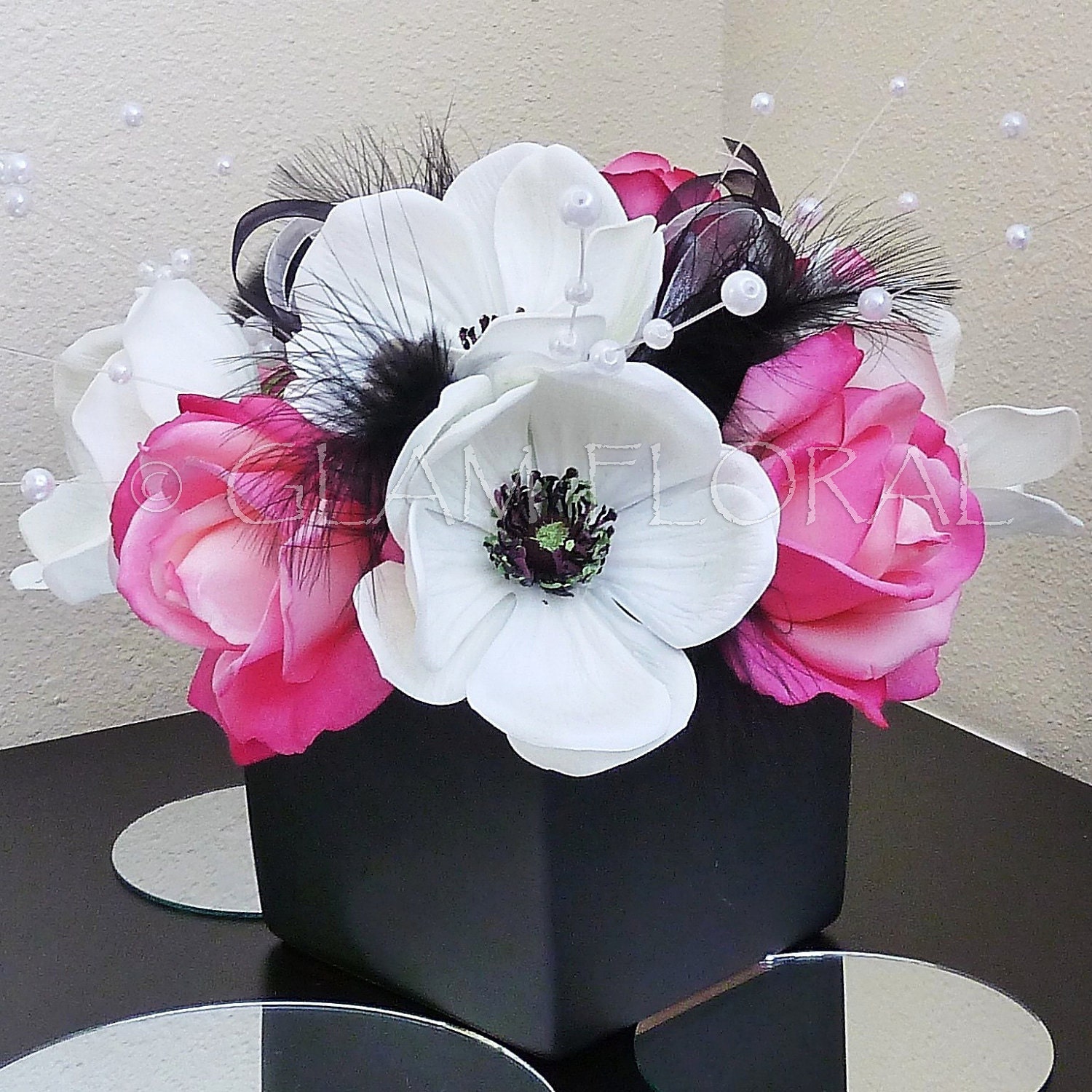 Real Touch Roses & Anemones in Square Vase. Centerpiece or Floral Arrangement Orange Cream white Yellow Flame Red Lime Green Hot Pink Cream