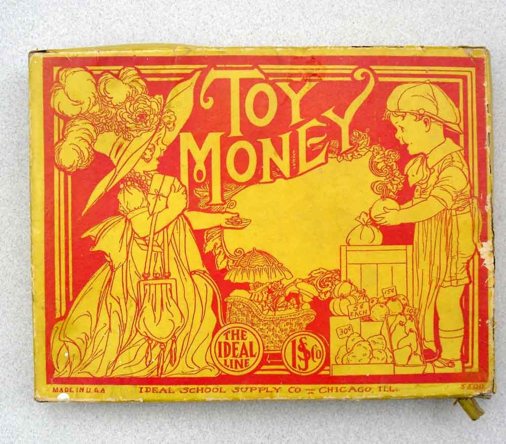 Vintage Toy Money Educational box with fabulous lithograph of children playing dress up - great red or yellow retro kitchen display