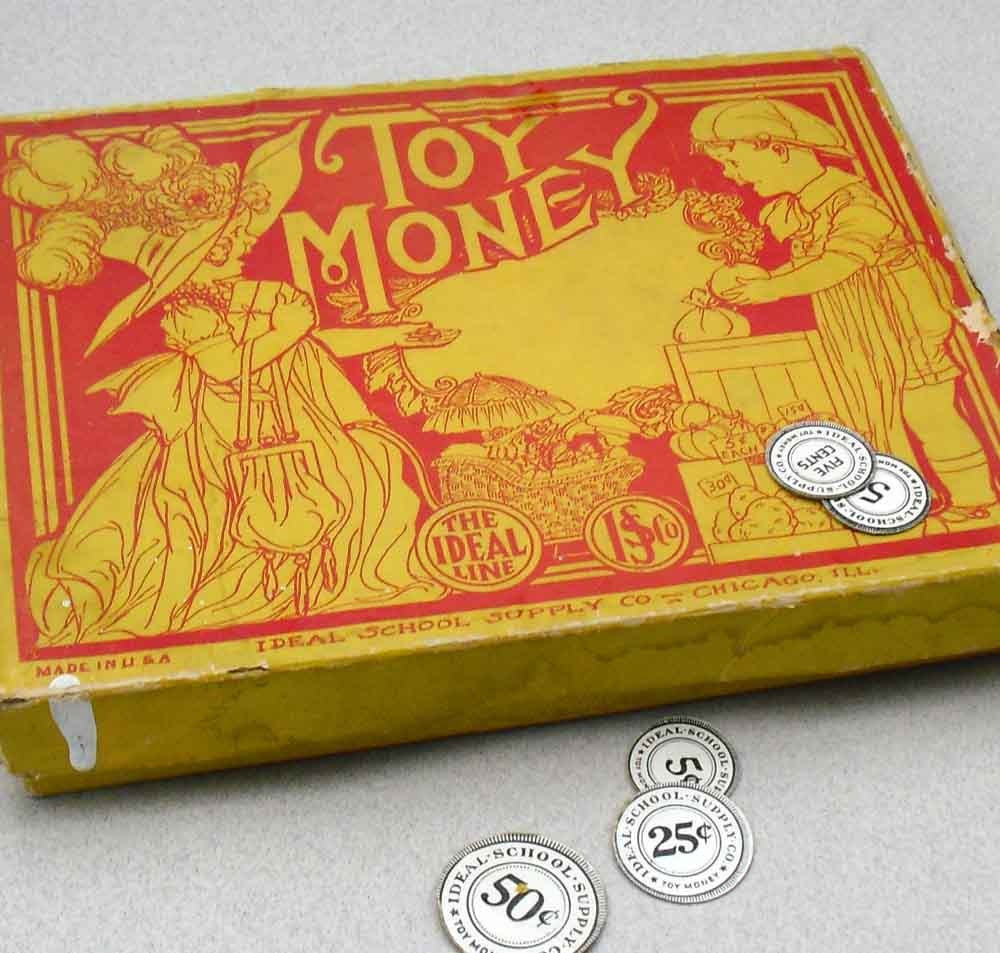 Vintage Toy Money Educational box with fabulous lithograph of children playing dress up - great red or yellow retro kitchen display