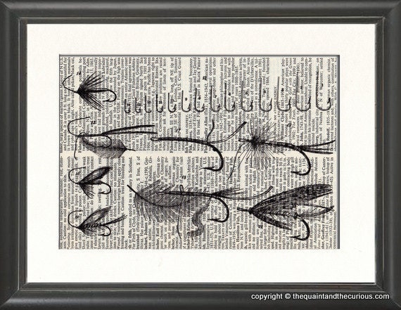 Fly Fishing Lures Print Vintage Book Page - Beautifully Matted Graduation Fathers Day Gift Present Home Office Decor