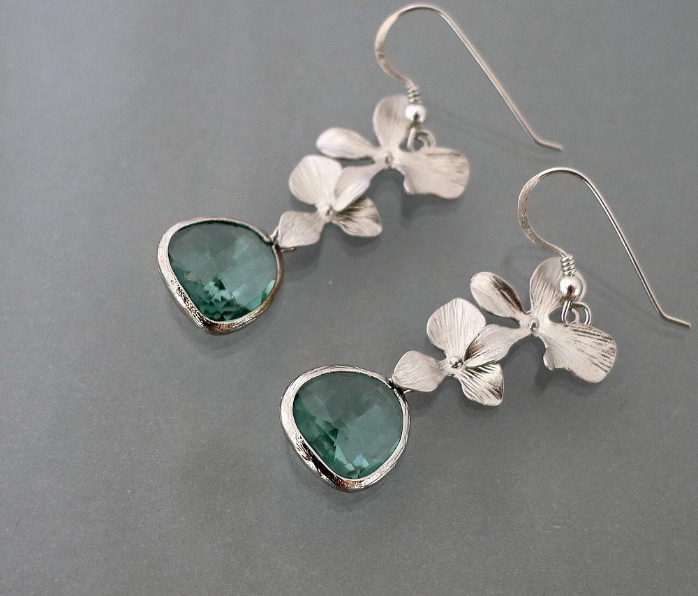 Erinite earrings, silver framed glass crystal drop, delicate orchid flower charm dangle, sterling ear wire, wedding jewelry, by balance9