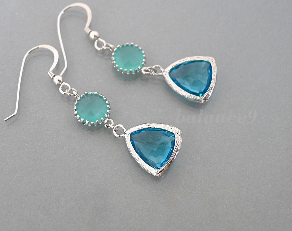 Earrings, Mint Aqua framed glass crystal drop dangle, sterling silver ear wire, delicate everyday jewelry, wedding gift, by balance9