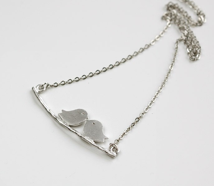 Love birds on Branch Necklace, kissing birds charm pendant, delicate, by balance9