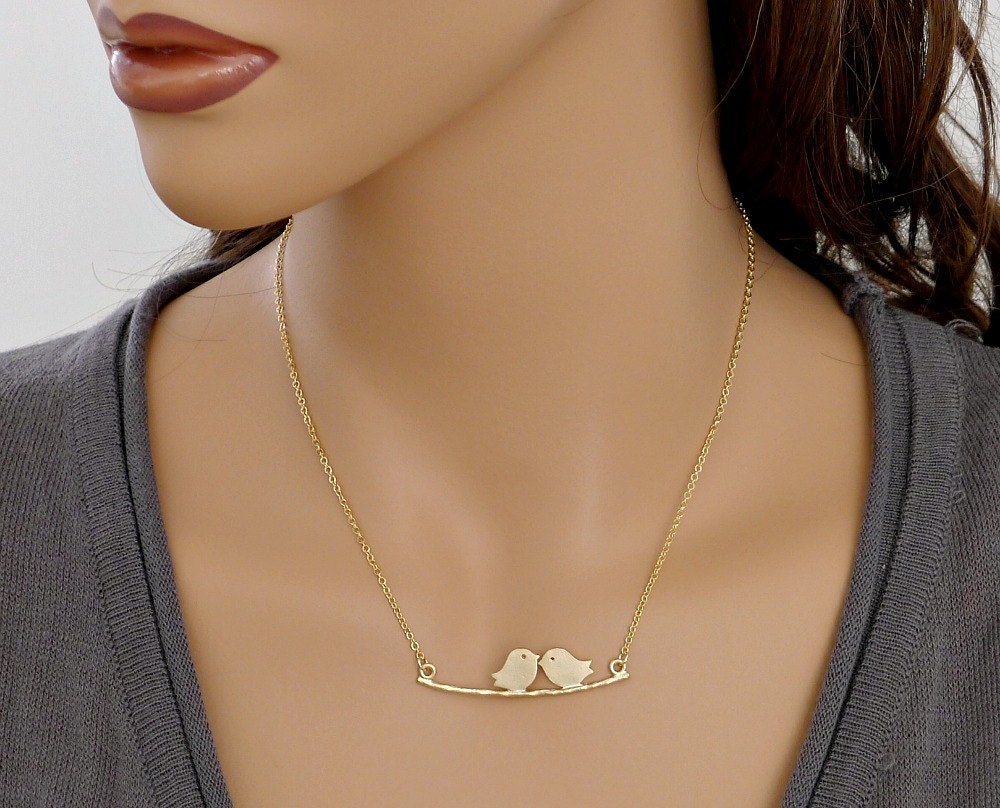 Love birds on Branch Necklace, kissing birds charm pendant, delicate, by balance9