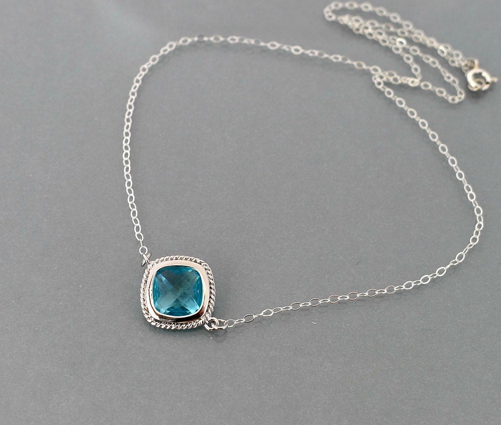 Aqua blue necklace, framed glass crystal bezel pendant, sterling silver chain, delicate everyday jewelry, by balance9