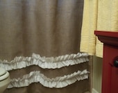 Burlap Shower Curtain with rows of White Ruffles