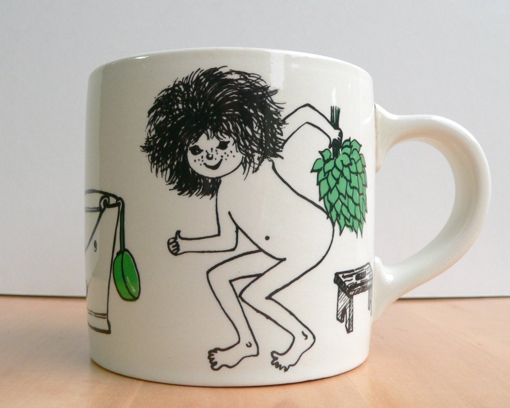 Arabia Finland coffee cup coffee mug Loyly Sauna Gunvor Olin Gronqvist 1960s rare white black green