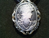 Woman In Bloom Grey White Enamel Faceted Accent Frame Cameo Necklace by MSM Creations