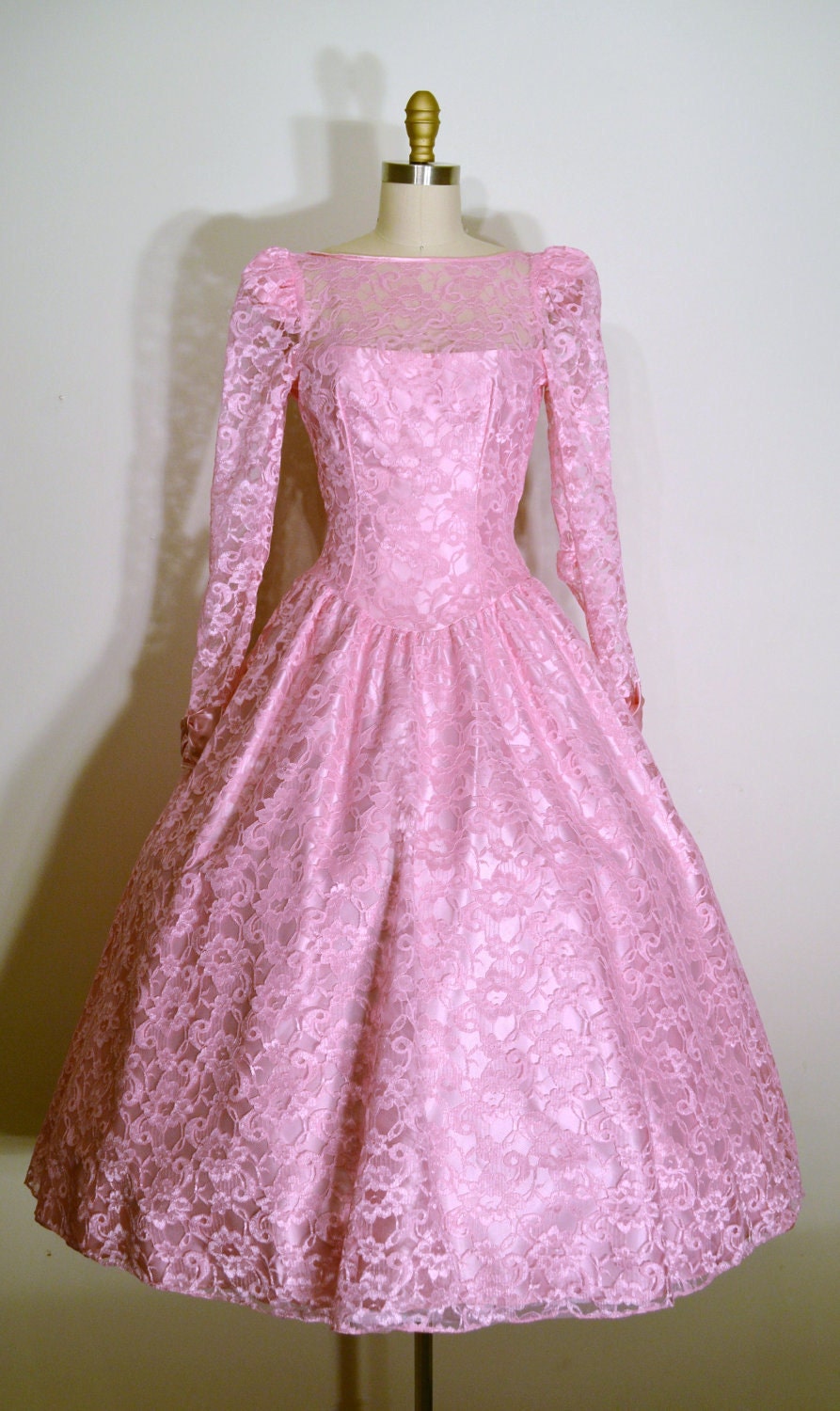 Vintage 1970s Dress - 70s Party Dress - Pink Lace