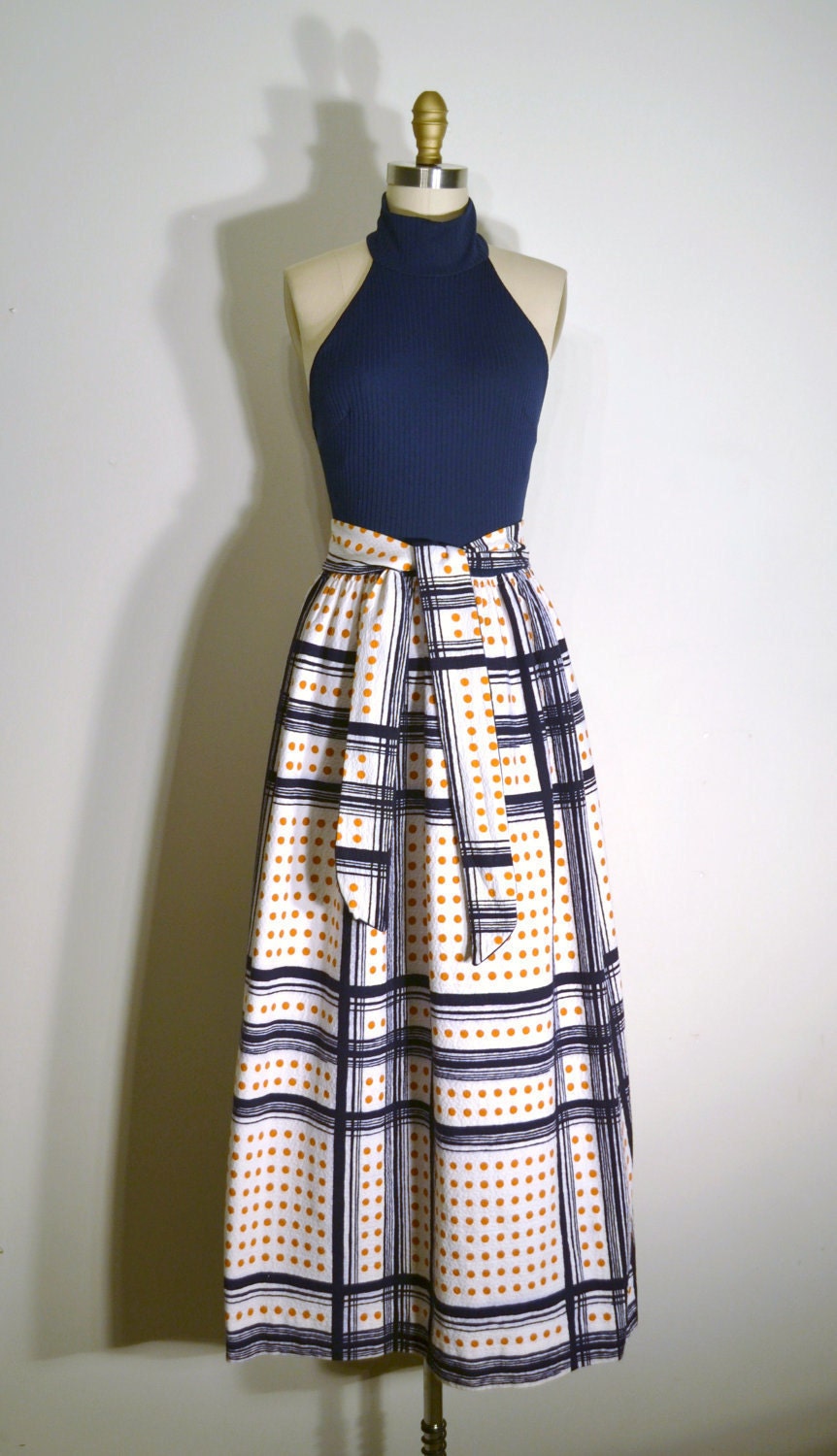 Vintage 1960s Dress - 60s Mod Dress - Navy Blue and Orange Dots