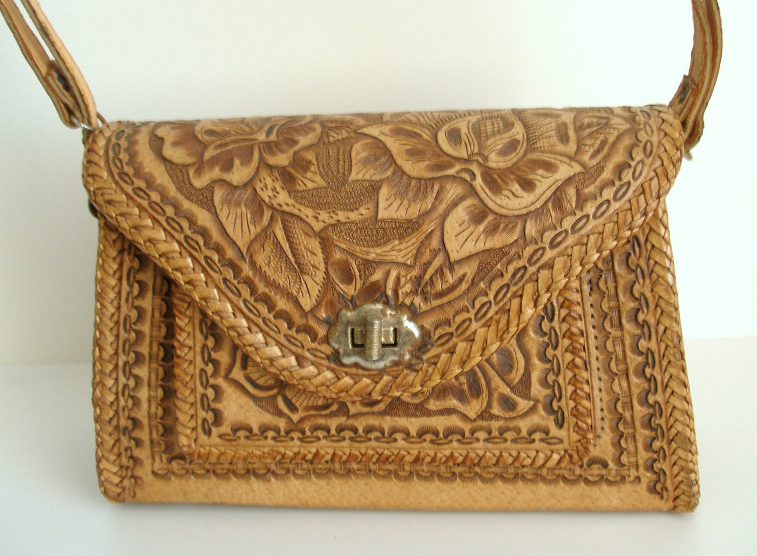 Vintage Tooled Leather Western Style Purse Mexican Roses