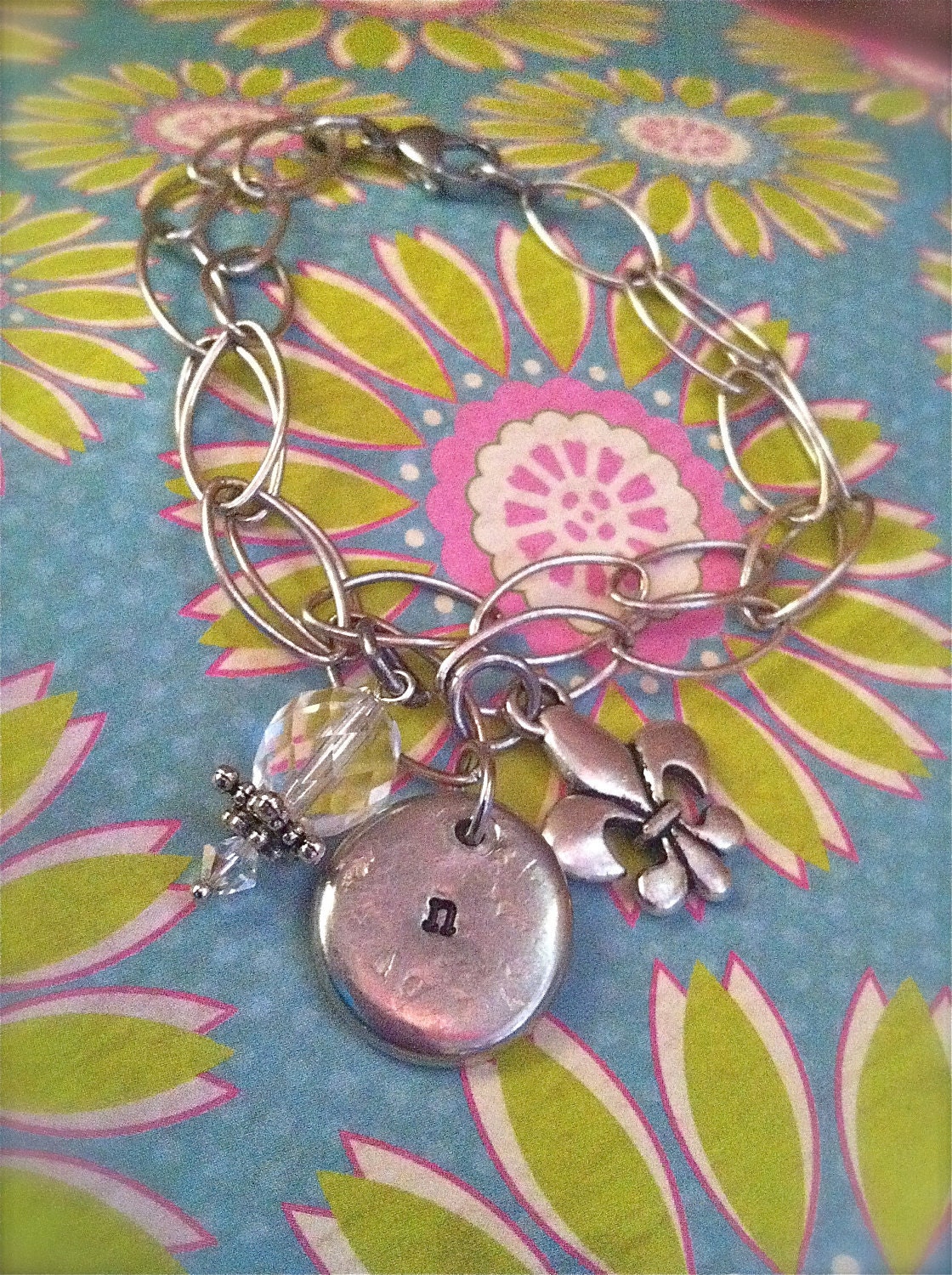 NEW-Rustic Initial Sparkle....Hand Stamped Chunked Charm Bracelet