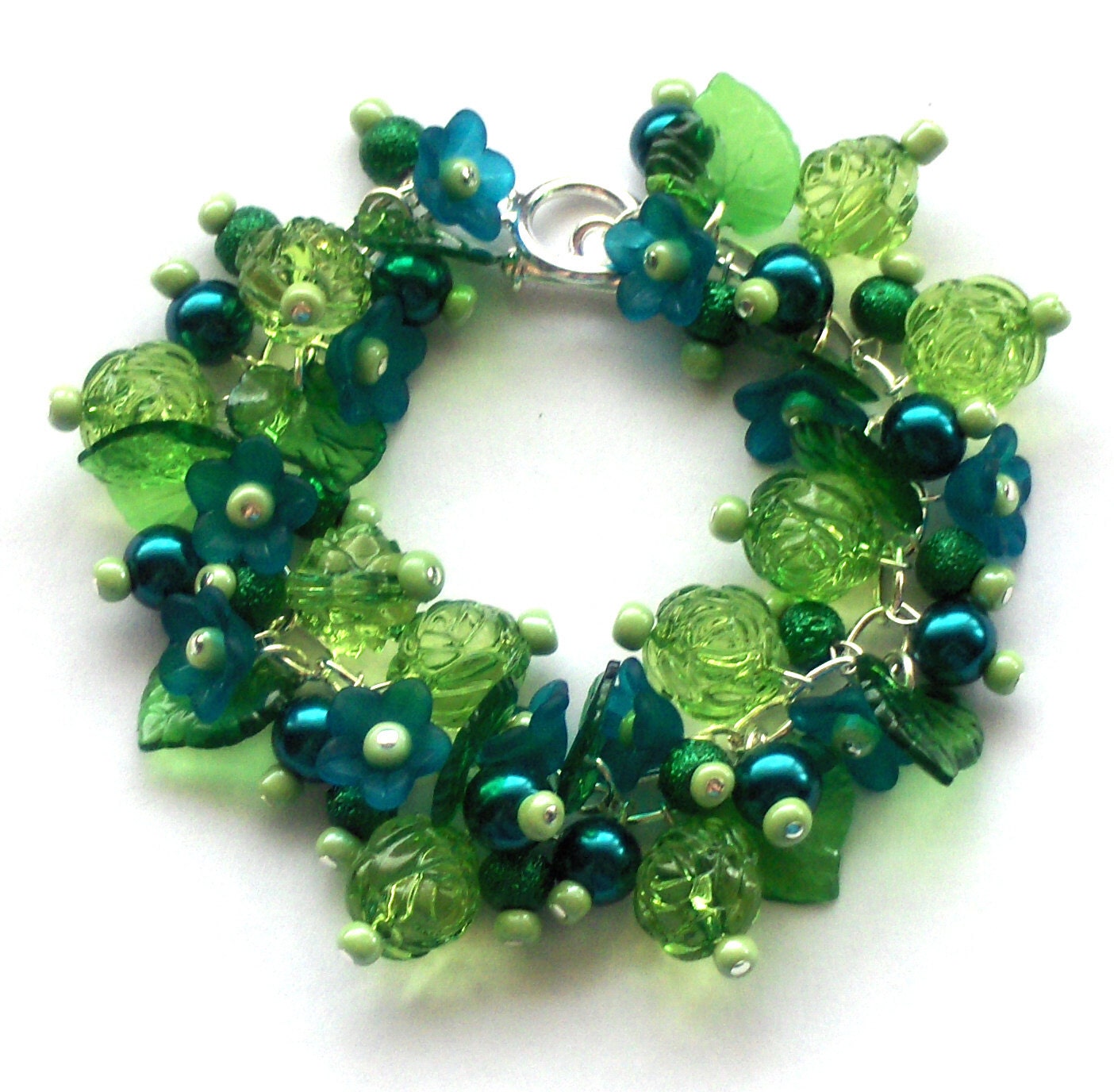 SALE, Green Beaded Bracelet, Teal Floral Bracelet, Flowers, Pearls, Cluster Bracelet