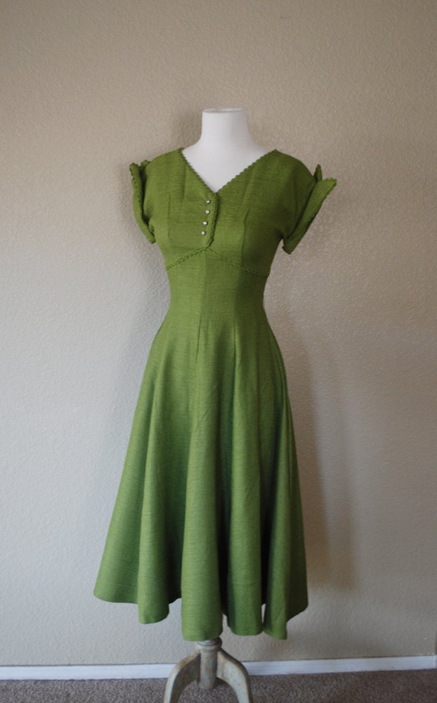 Vintage Dress 40s 50s Peridot Green Woven Full Skirt Gown XS S