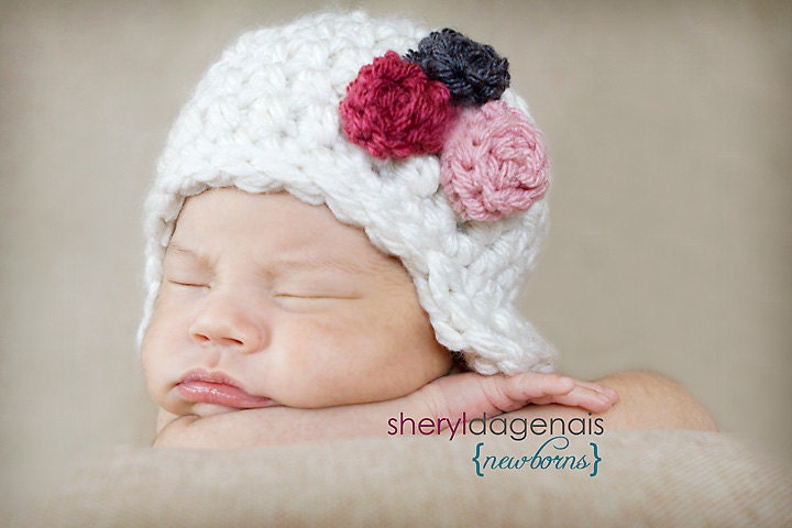CROCHET PATTERN, Newborn 3 Rose Earflap Beanie PDF size newborn