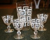 Retro Black and White Greek Key Pattern Glass Martini or Juice Set