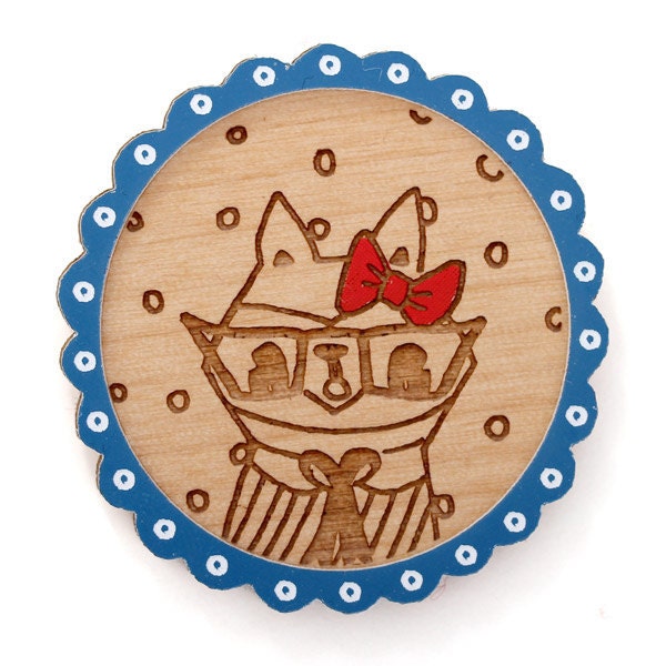 miss raccoon wooden brooch with blue frame