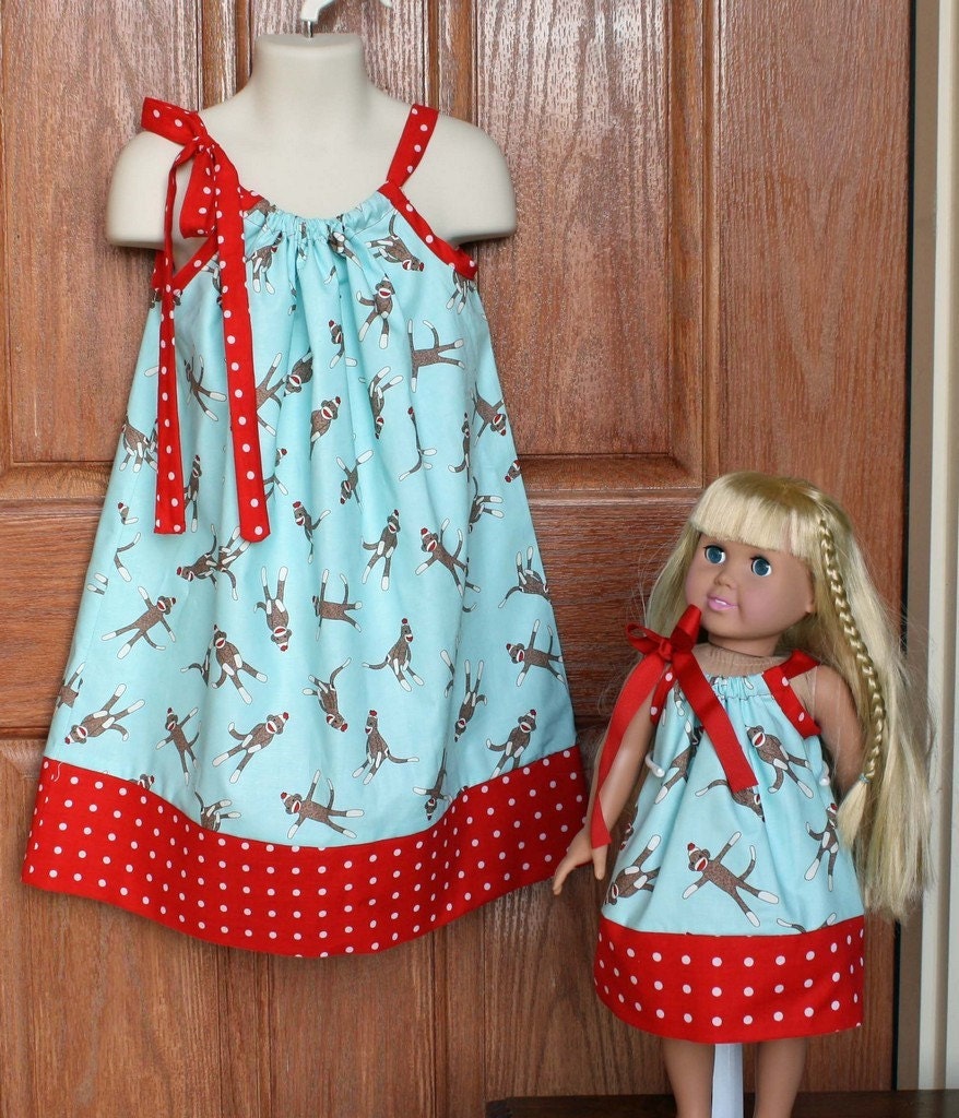 Matching Moda Sock Monkey Pillowcase Dress for Child and 18 inch doll (sizes 6mo-8yrs)