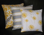 YELLOW Pillows Decorative Pillows TRIO dandelion, lulu stripe, barber bird 16" Throw Pillow Covers gray 16 inch storm grey, corn, white