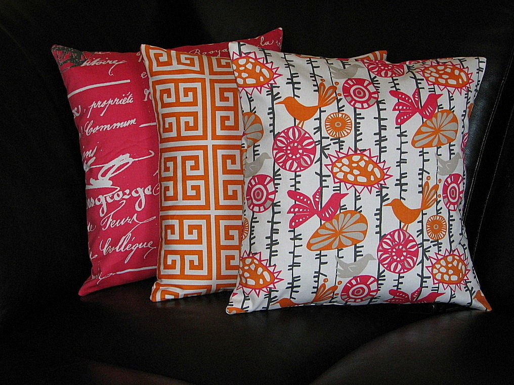 Tangerine, Pink, Grey Pillows Decorative Pillows TRIO bird suzani, greek key, script set of THREE 18 inch Throw Pillow Covers 18"