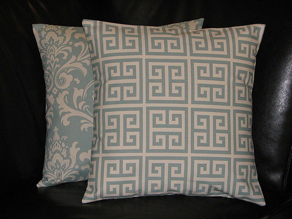 Decorative Pillows SPA BLUE set of TWO coordinating 20" Pillow Covers Greek Key, Damask 20 inch