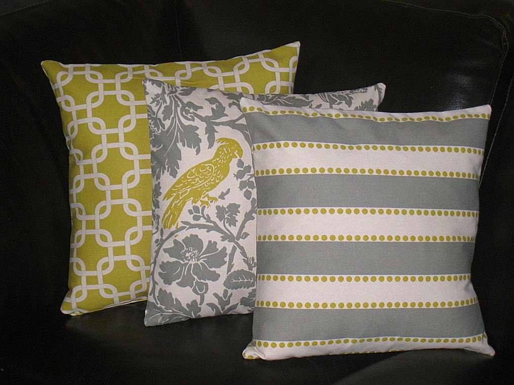 Pillows Decorative Pillows TRIO chain link, barber bird, lulu 18" Throw Pillow Covers gray 18 inch Grey, Olive, Natural