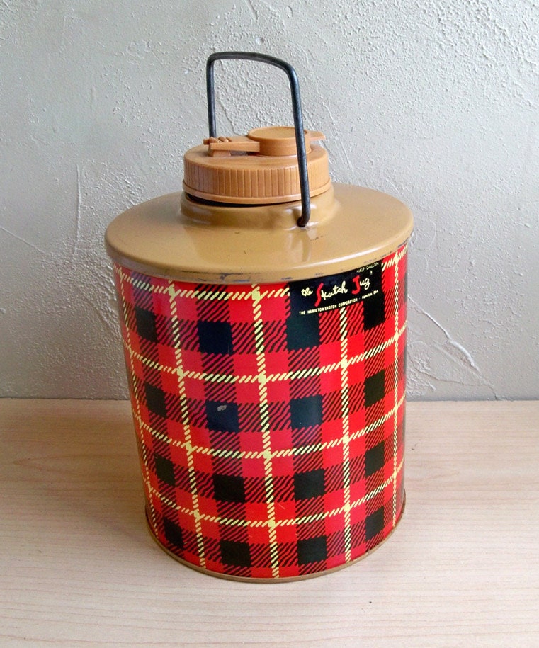 Mid-Century Red and Black Tartan Plaid Drink Cooler - Skotch Jug "Picnic Ready"