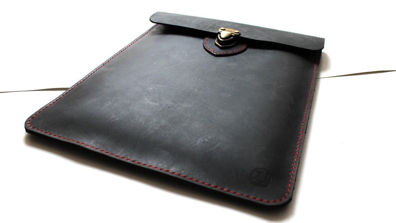Hand stitched iPad leather case in black stone oiled leather