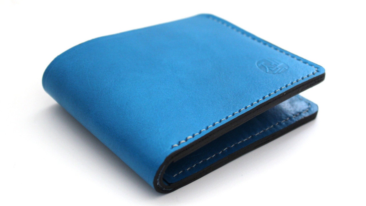Hand stitched Billfold Leather Wallet in Deep Sky Blue