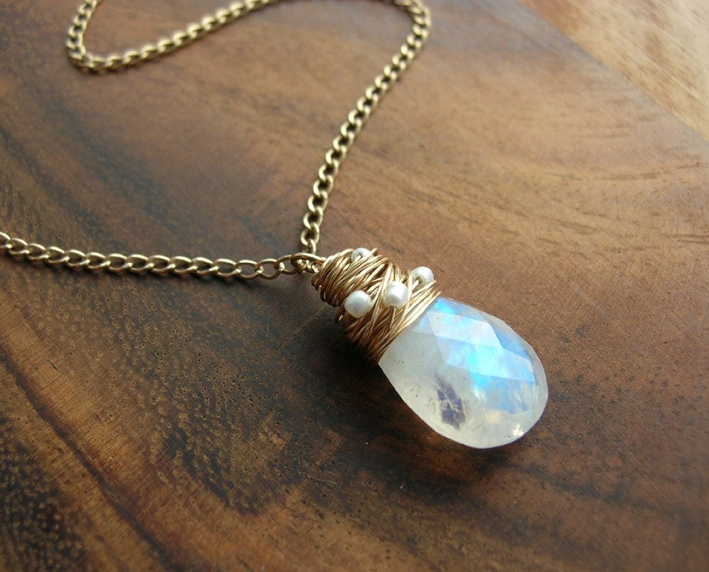 Moonstone Necklace woven with tiny Fresh Water Pearls