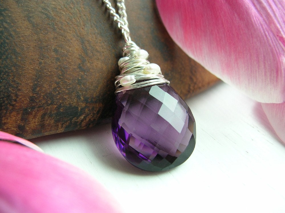 AAA Amethyst Pendant woven with tiny Fresh Water Pearls
