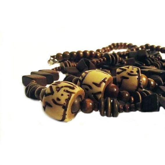 1980s Vintage - Bone and Wooden Bead - Three Strand Necklace.
