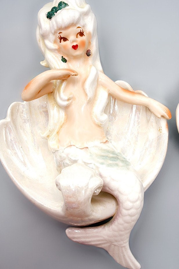 SUPER SALE Lefton Mermaid Set Left and Right Wall Plaques 1950s Pin Up Girls