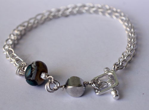 Fine Silver Handmade Loop in Loop Chain Bracelet with Lampwork Bead