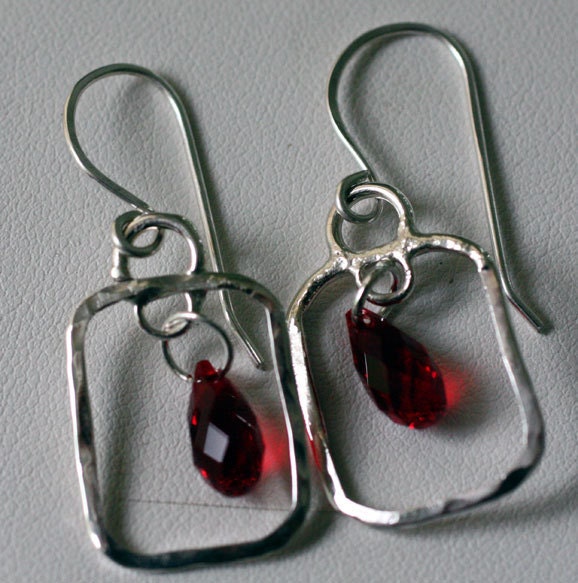 Sterling Silver Frame Earrings with Red Swarovski Hand Forged