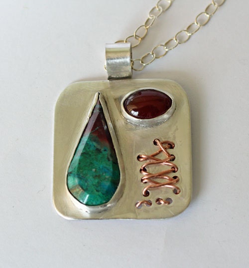 Rustic Sterling Silver Designer Pendant with Sonora Sunset and Carnelian