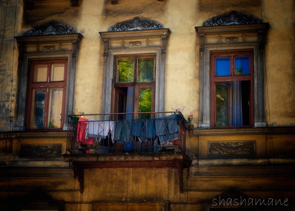 Three windows and a little balcony Cracow, Poland 10x15 Krakow fine art photography print, laundry on balcony