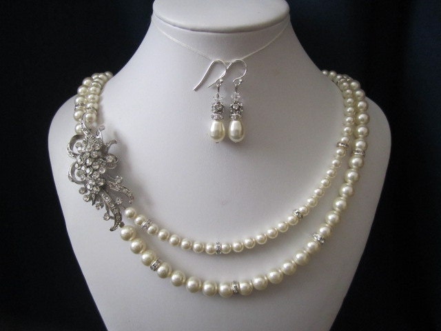 ELISA double strand wedding, bridal jewelry, wedding necklace, bridal necklace, pearl necklace earrings, swarovski pearls rhinestones brooch