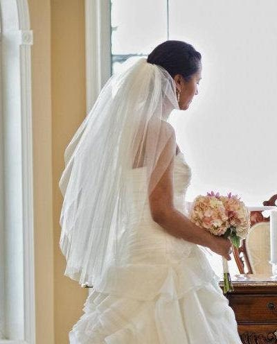 Waist length, 30 inches, 2 tier wedding veil with blusher, bridal veil - white, diamond white, or ivory