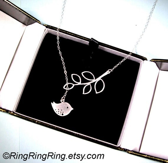 White Gold branch and bird necklace -  Adjustable sterling silver necklace with extension 101612