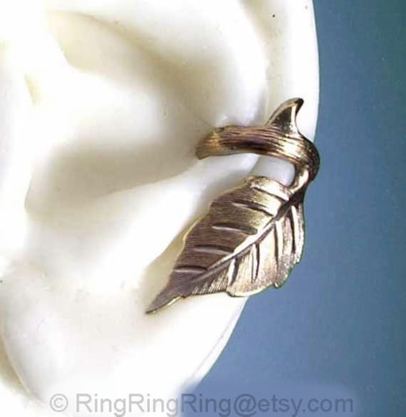 Rose leaf with thorn - Left ear cuff earring jewelry, gold brass earcuff  102512