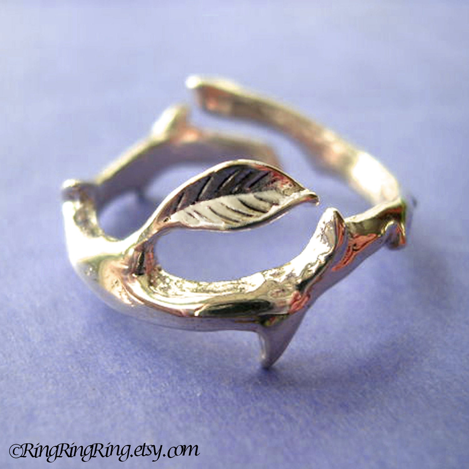 925. Thorn with leaf ring jewelry - Solid sterling silver ring. Size adjustable 092812
