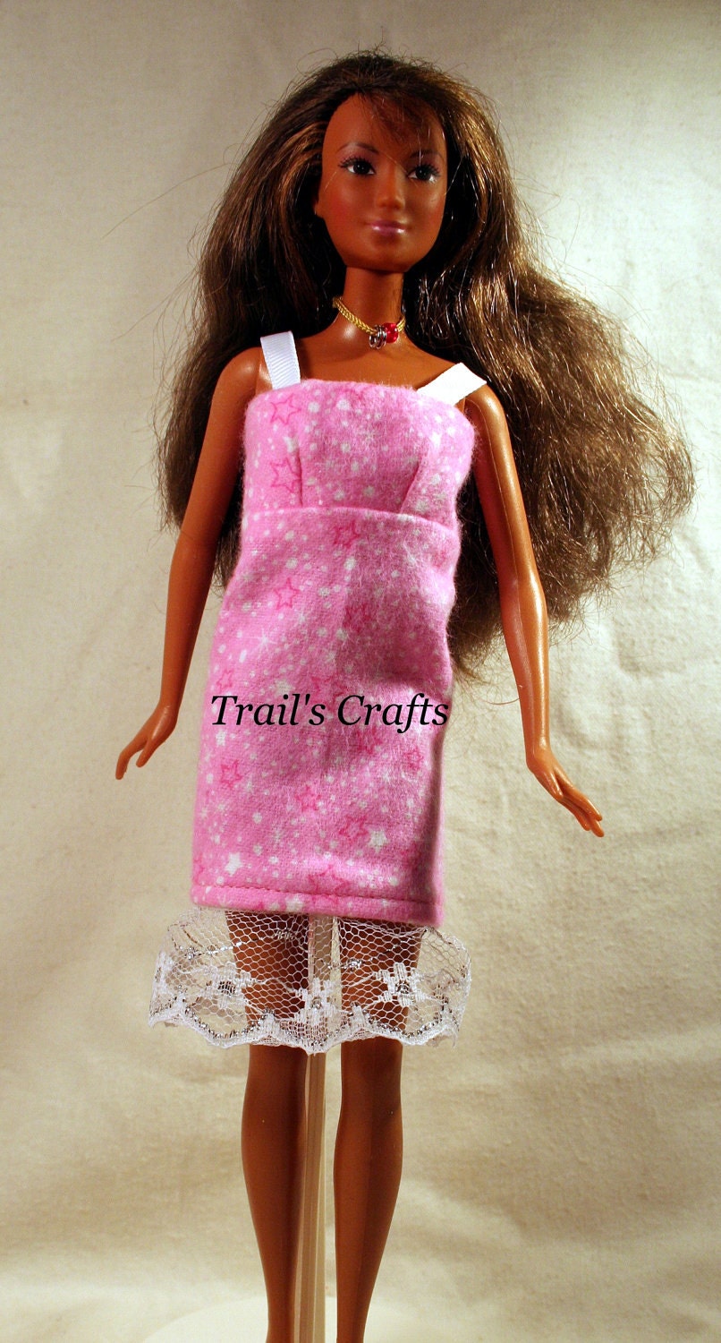 Handmade Doll Clothes For Barbie Pajamas Nightgown & Robe Style 4 Pink Stars