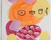 painting coffee cups orange yellow pink original on paper acrylic fine art mixed media