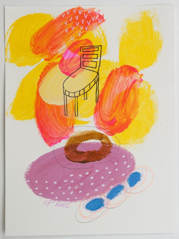 painting chair orange yellow pink original on paper acrylic fine art mixed media